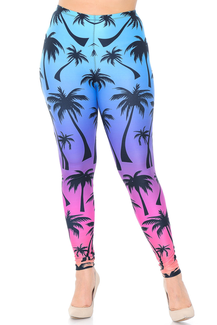 Creamy Soft Premium Women's Leggings Ombre Palm Tree Plus Size, High Rise, Stretchy & Breathable, Comfortable Fit - by USA Fashion