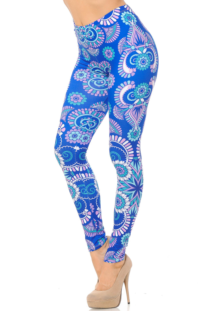 Creamy Soft Premium Women's Leggings Blue Mandala Regular Size, High Rise, Stretchy & Comfortable Fit - by USA Fashion