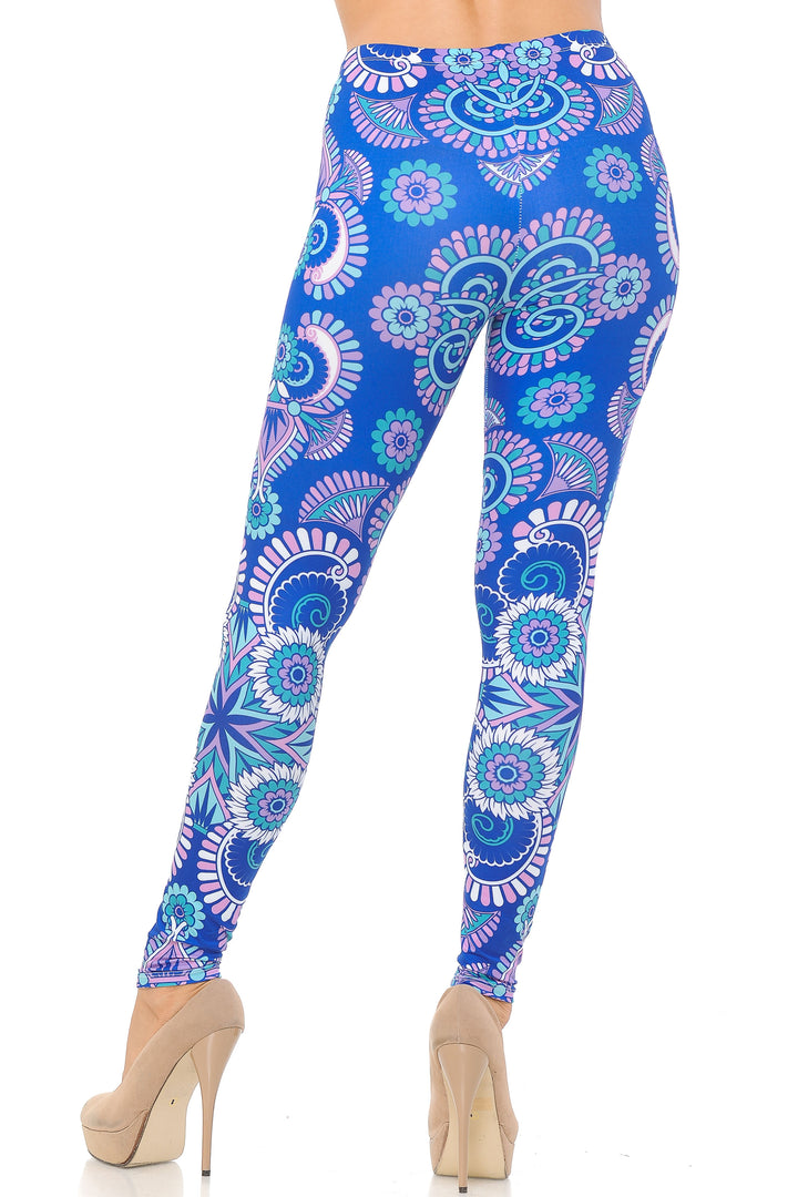 Creamy Soft Premium Women's Leggings Blue Mandala Regular Size, High Rise, Stretchy & Comfortable Fit - by USA Fashion