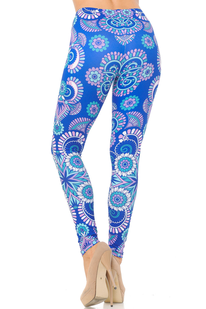 Creamy Soft Premium Women's Leggings Blue Mandala Regular Size, High Rise, Stretchy & Comfortable Fit - by USA Fashion