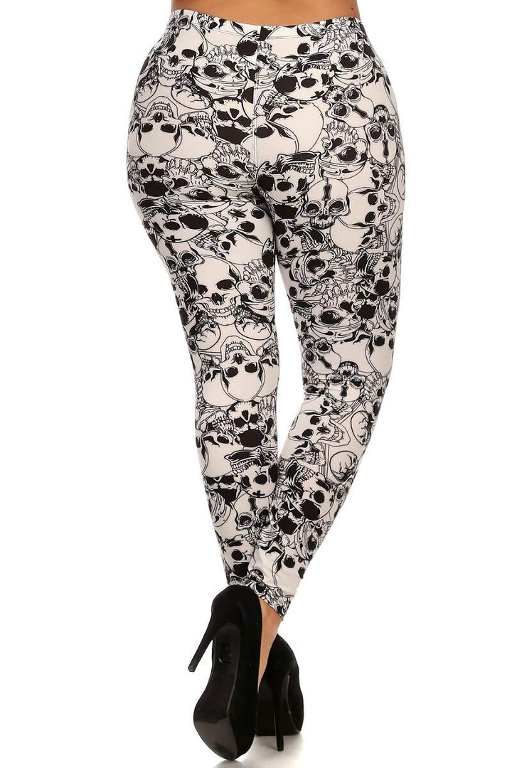 Plus Size - Buttery Soft White Layers of Skulls Leggings - One Size Plus
