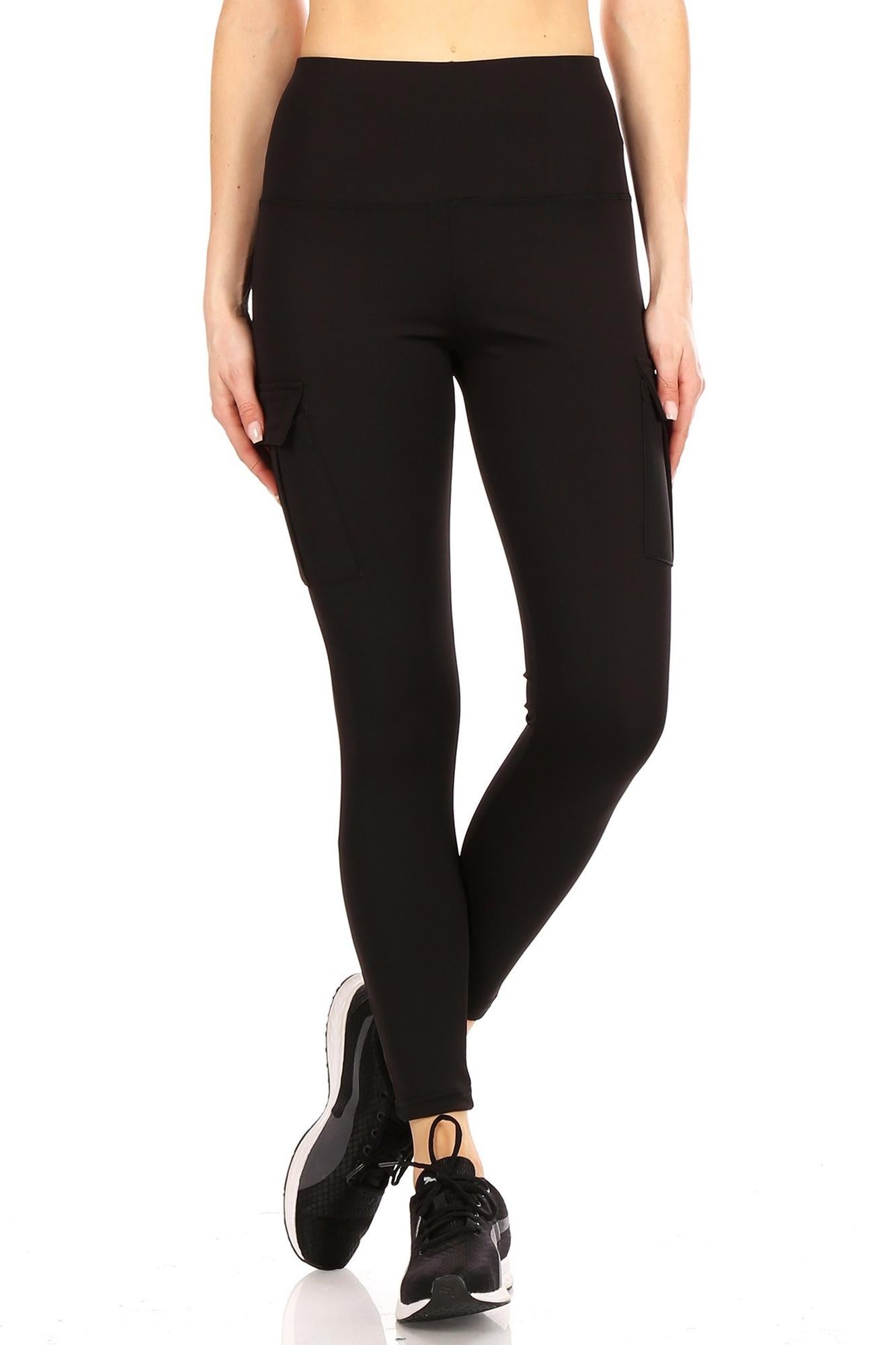 Solid High Waist Tummy Control Sport Leggings with Cargo Pocket
