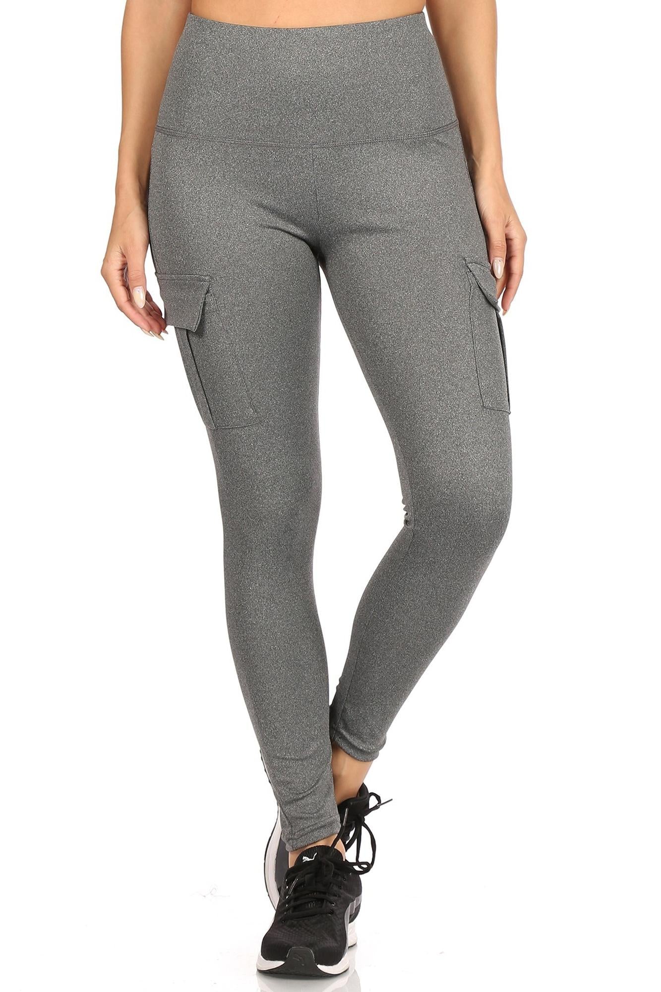 Solid High Waist Tummy Control Sport Leggings with Cargo Pocket
