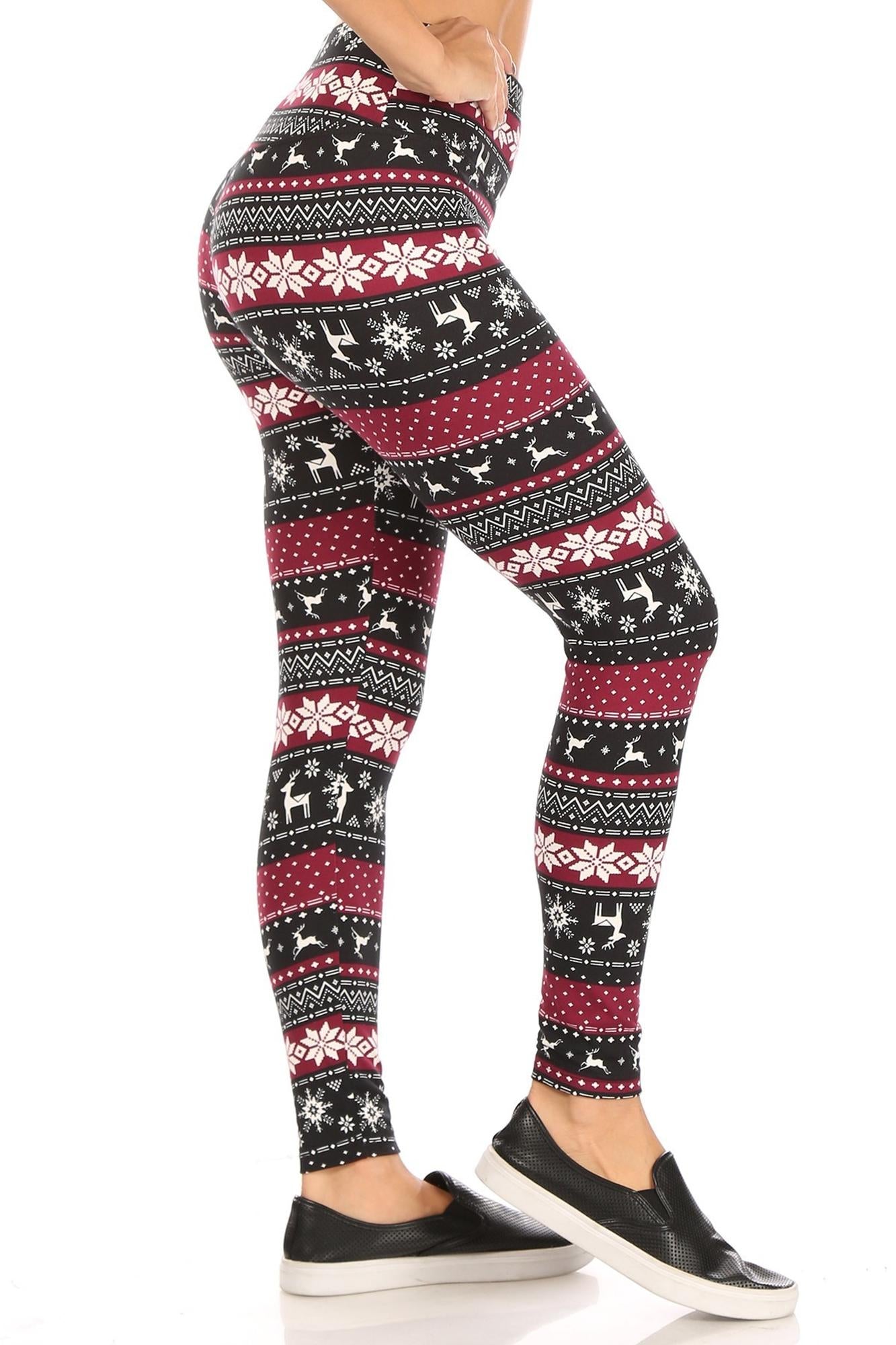 Comfy Soft Fleece Beautiful Burgundy Reindeer and Snowflake Leggings