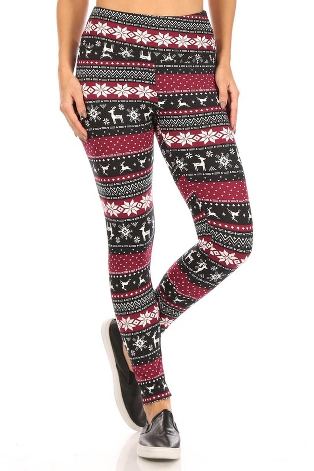 Comfy Soft Fleece Beautiful Burgundy Reindeer and Snowflake Leggings