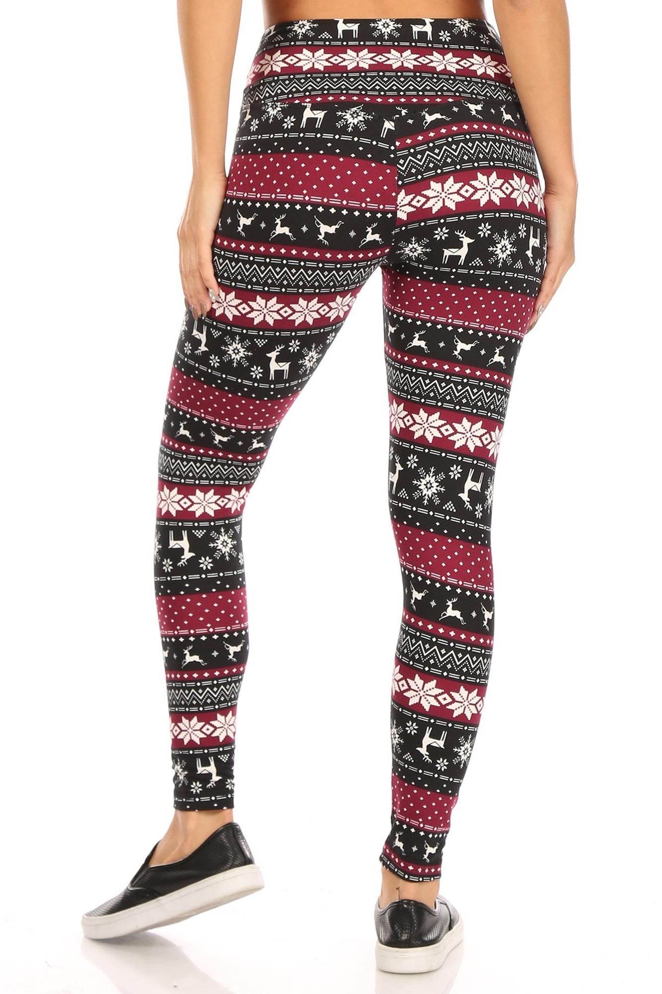 Comfy Soft Fleece Beautiful Burgundy Reindeer and Snowflake Leggings
