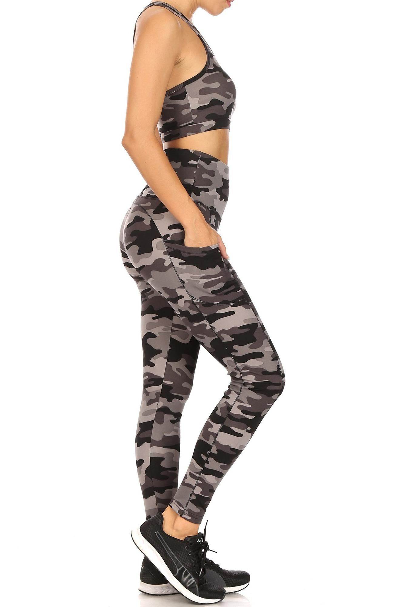 2 Piece Charcoal Camouflage Crop Top and Legging Set
