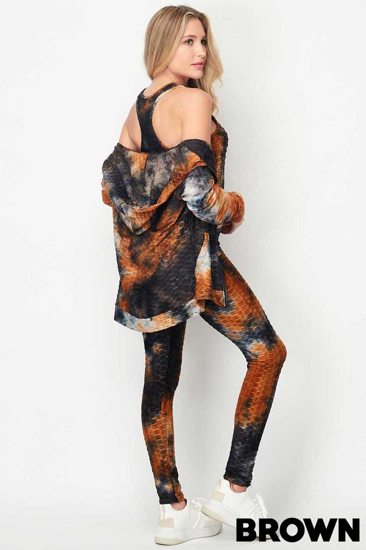 Tie Dye 3 Piece Textured Scrunch Butt Leggings Tank Top and Hoodie Jacket Set