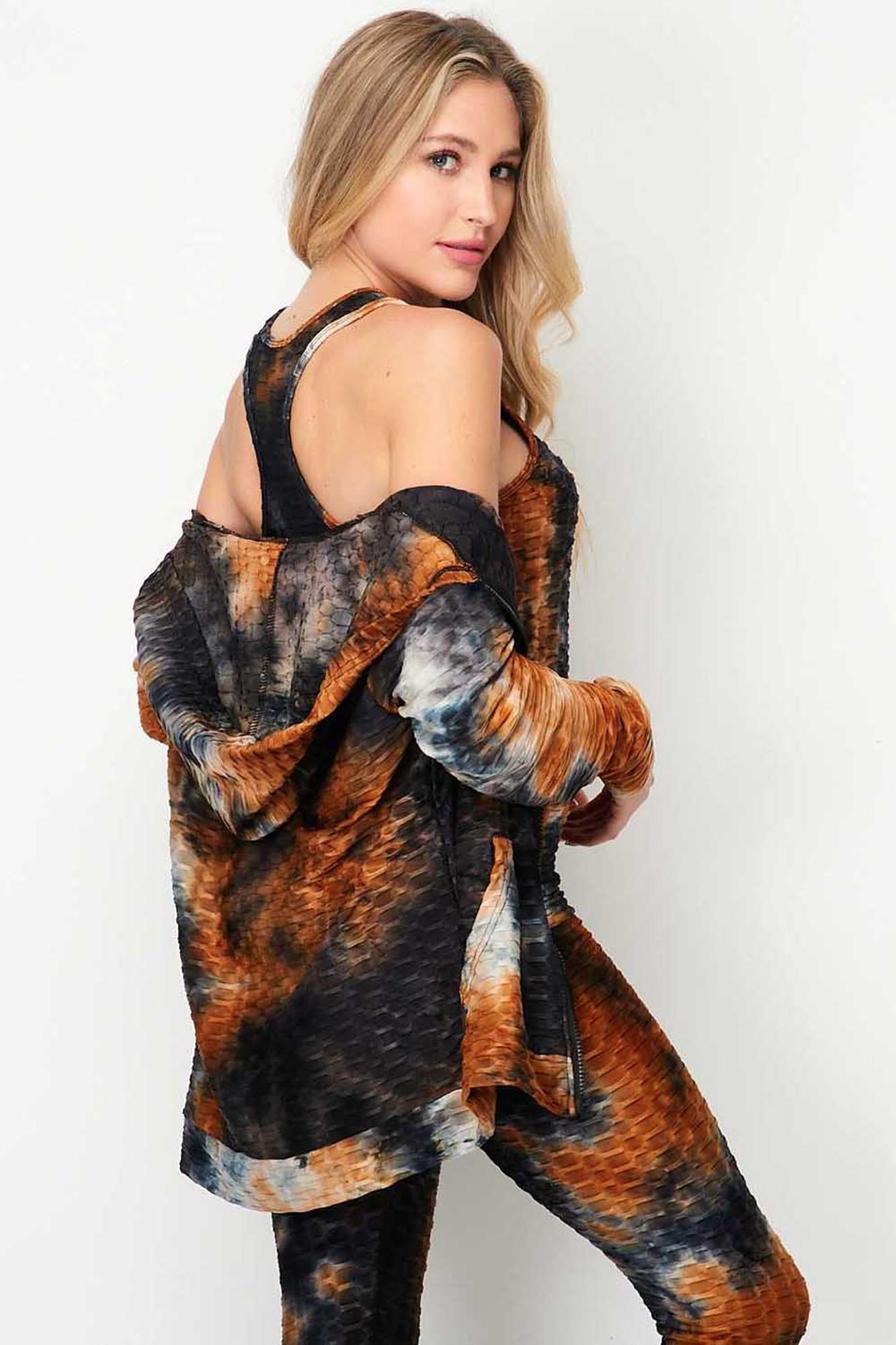Tie Dye 3 Piece Textured Scrunch Butt Leggings Tank Top and Hoodie Jacket Set