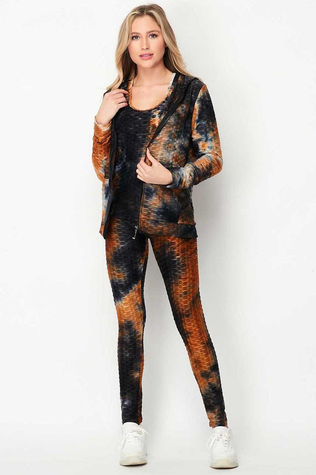 Tie Dye 3 Piece Textured Scrunch Butt Leggings Tank Top and Hoodie Jacket Set