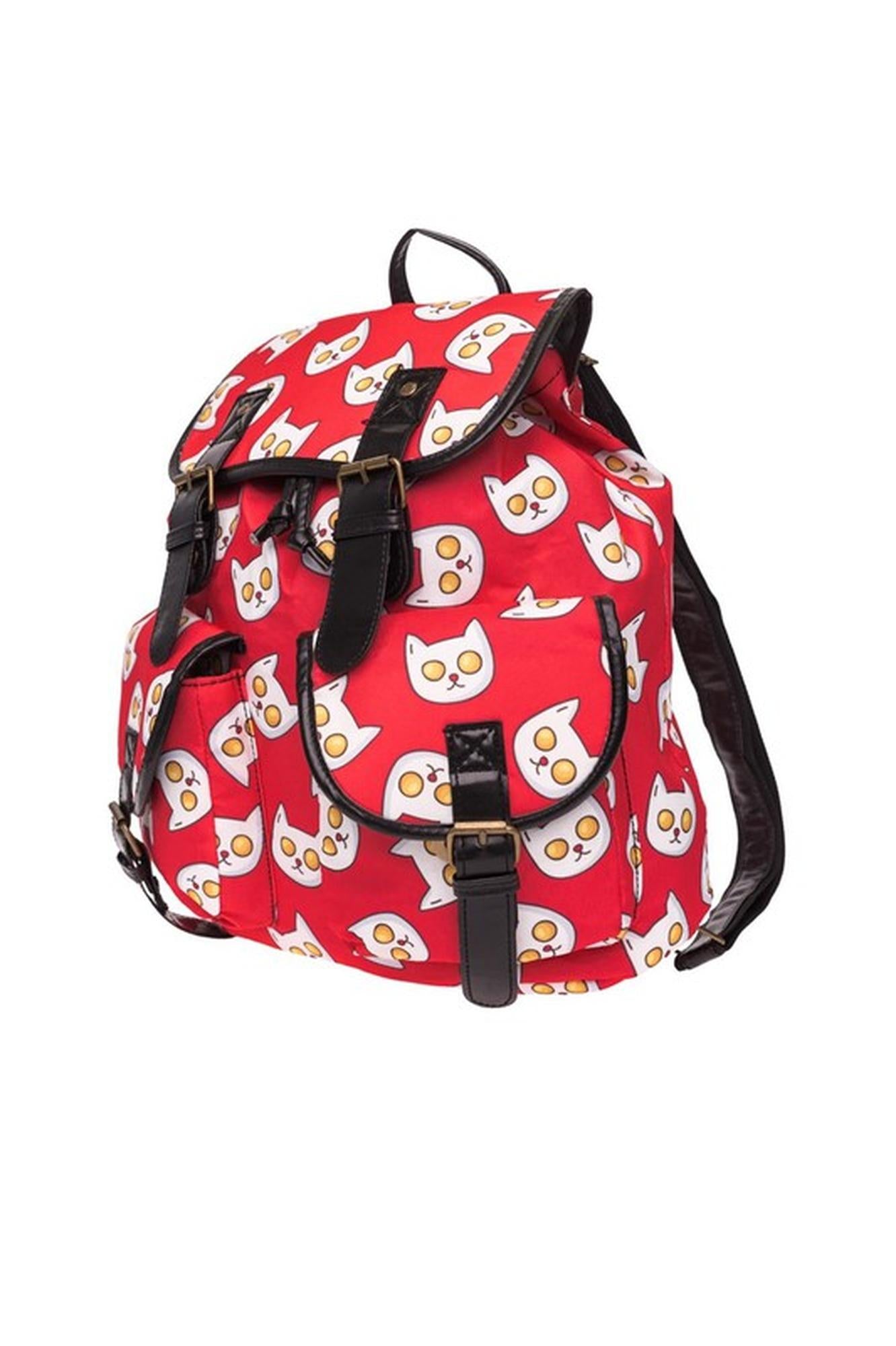 Sunny Side Up Kitty Cat Graphic Print Buckle Flap Backpack (One Size Regular,Red)