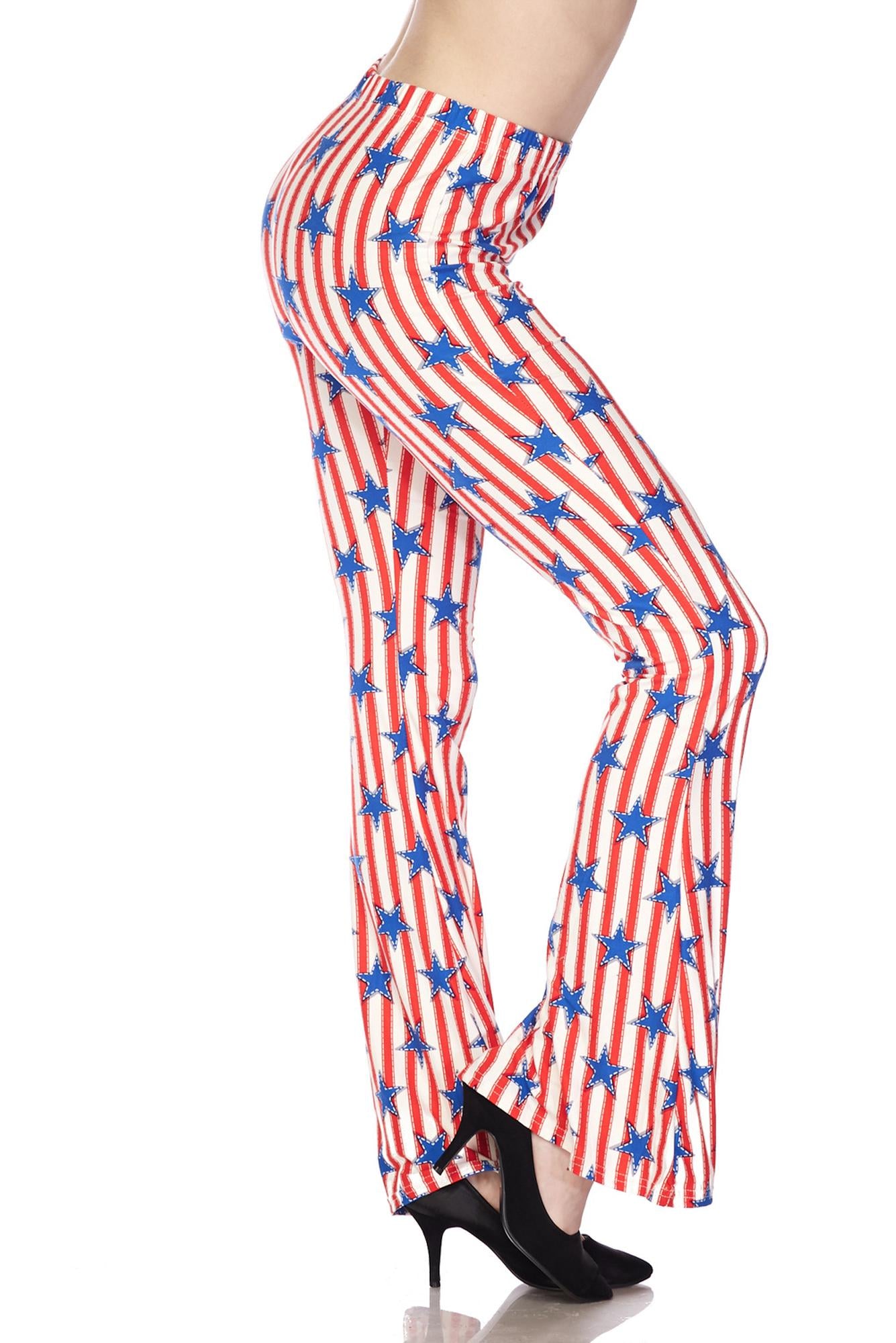 Buttery Smooth Vertical Stars on Stripes Bell Bottom Leggings