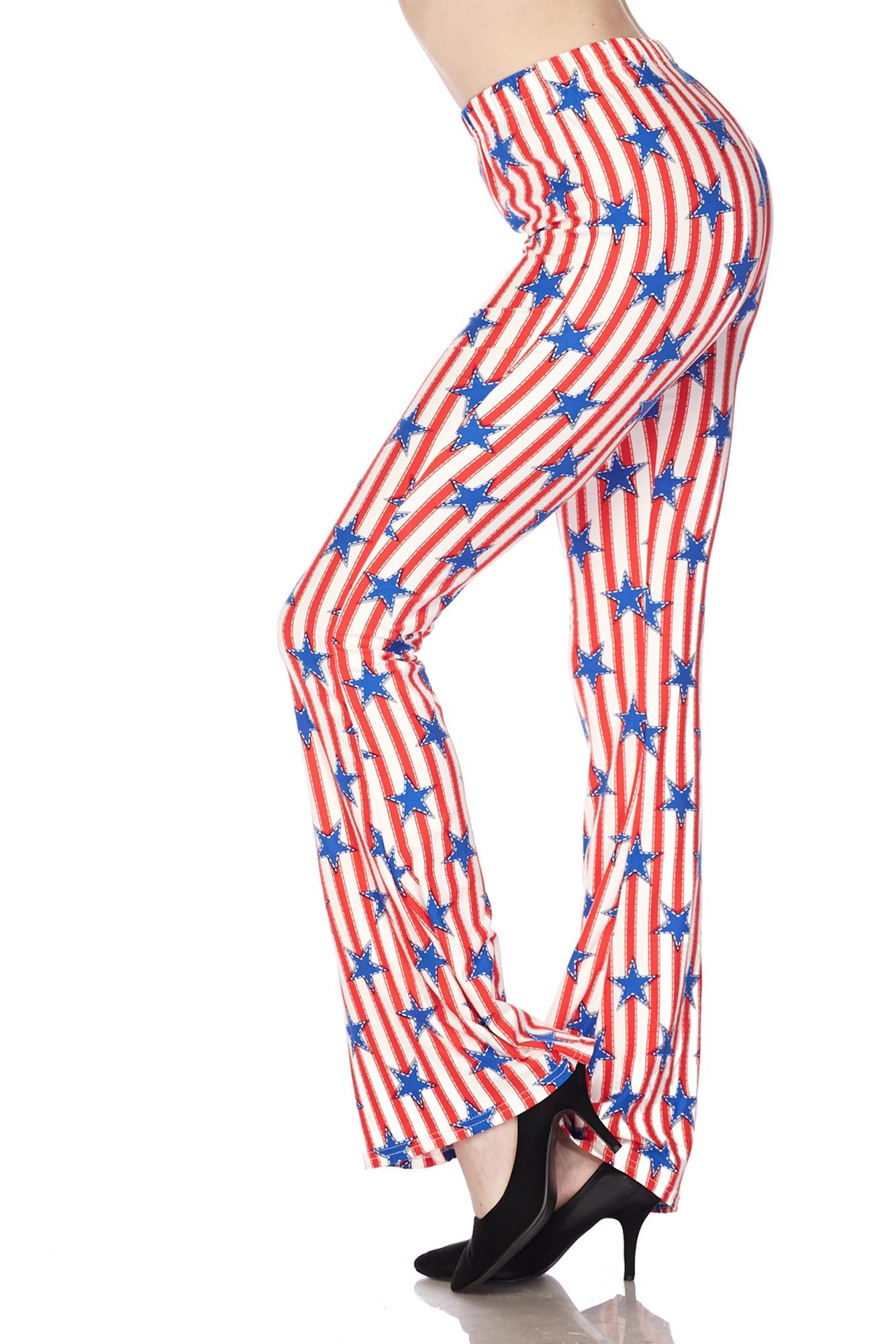Buttery Smooth Vertical Stars on Stripes Bell Bottom Leggings