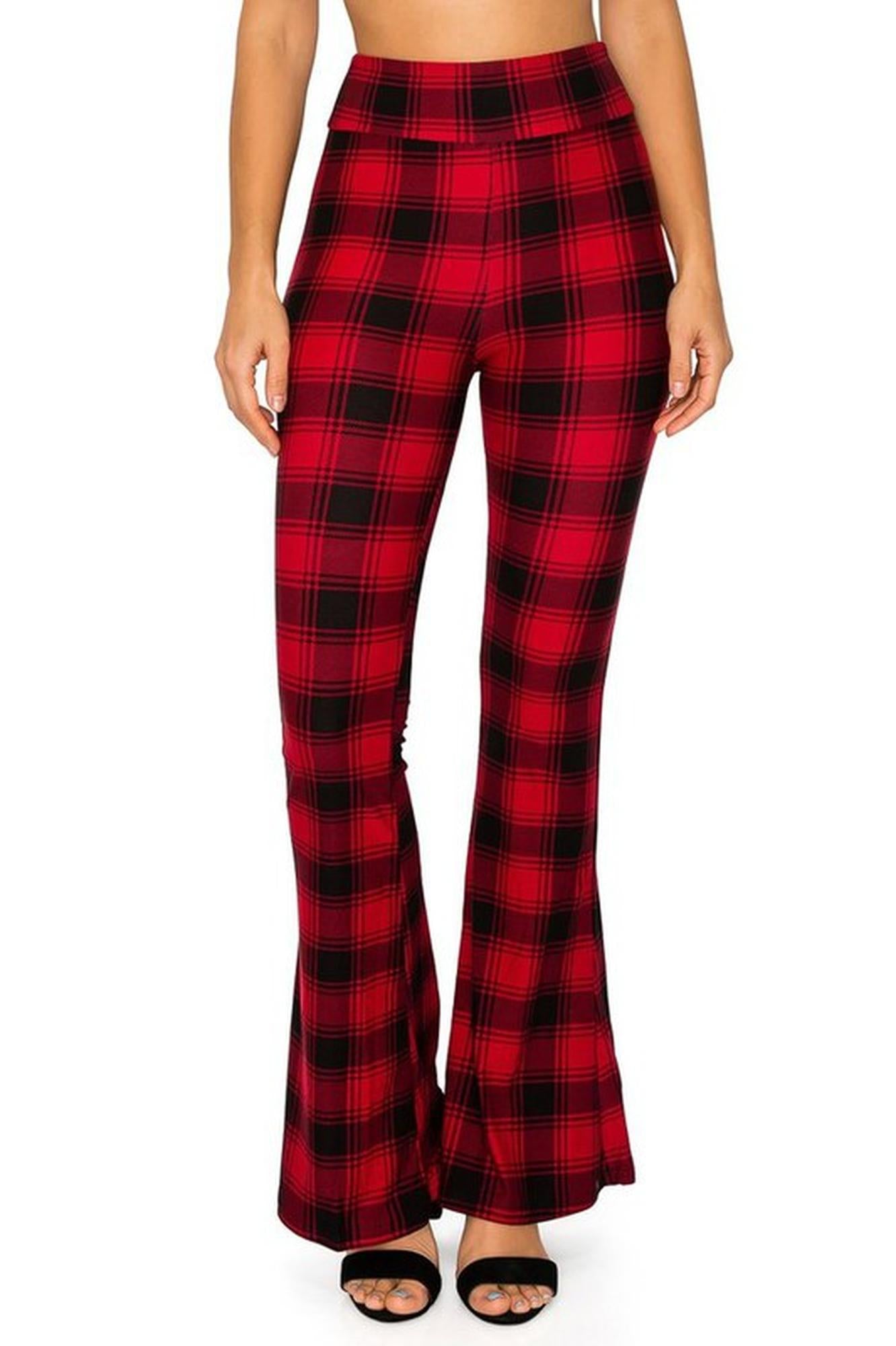 Buttery Smooth Red and Black Plaid Bell Bottom Leggings