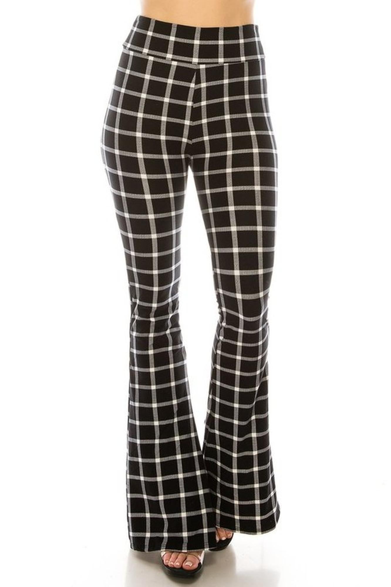 Buttery Smooth Black and White Simple Plaid Bell Bottom Leggings