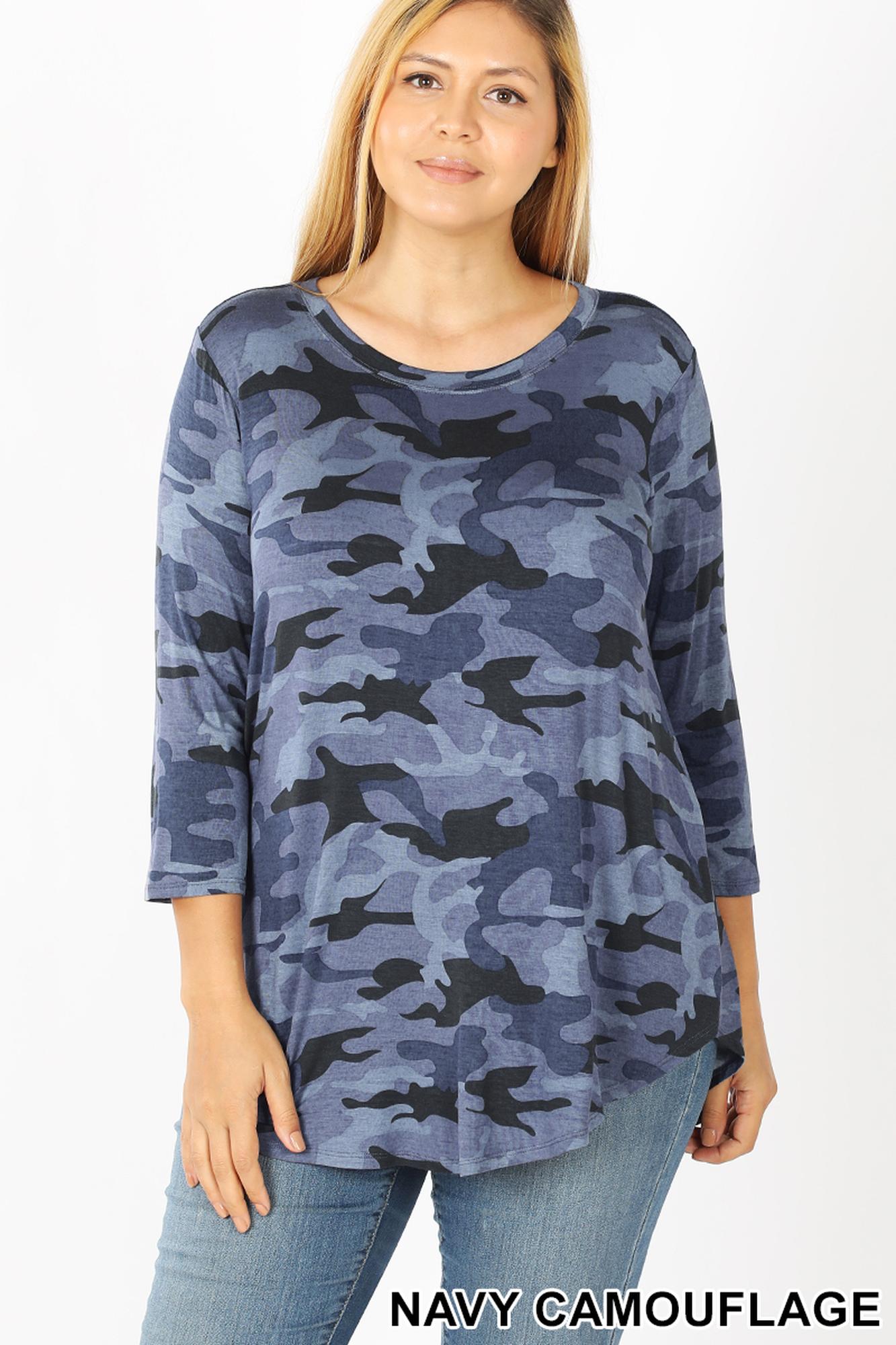 Rayon Camouflage 3/4 Sleeve Round Neck & Hem Top