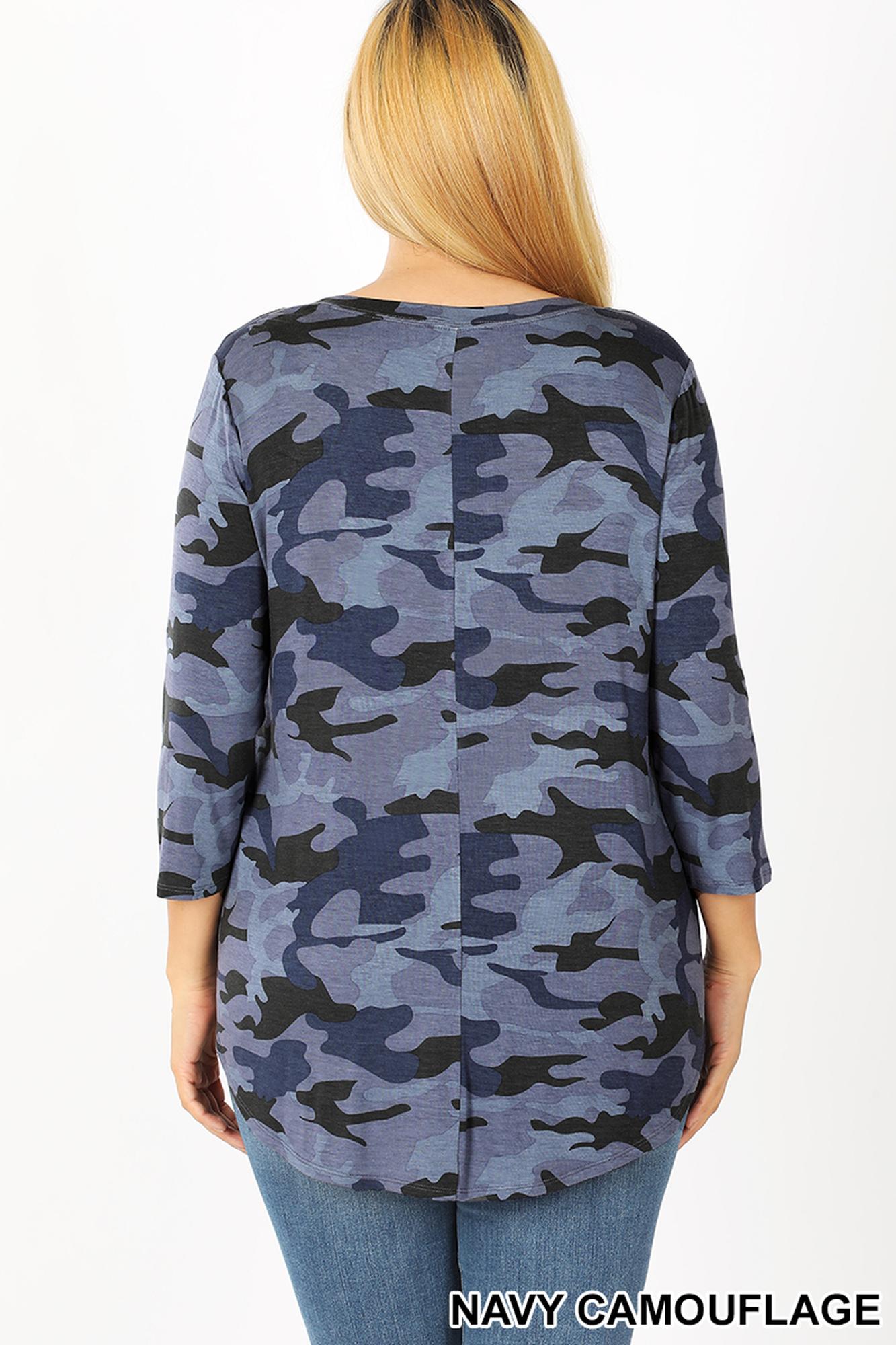 Rayon Camouflage 3/4 Sleeve Round Neck & Hem Top