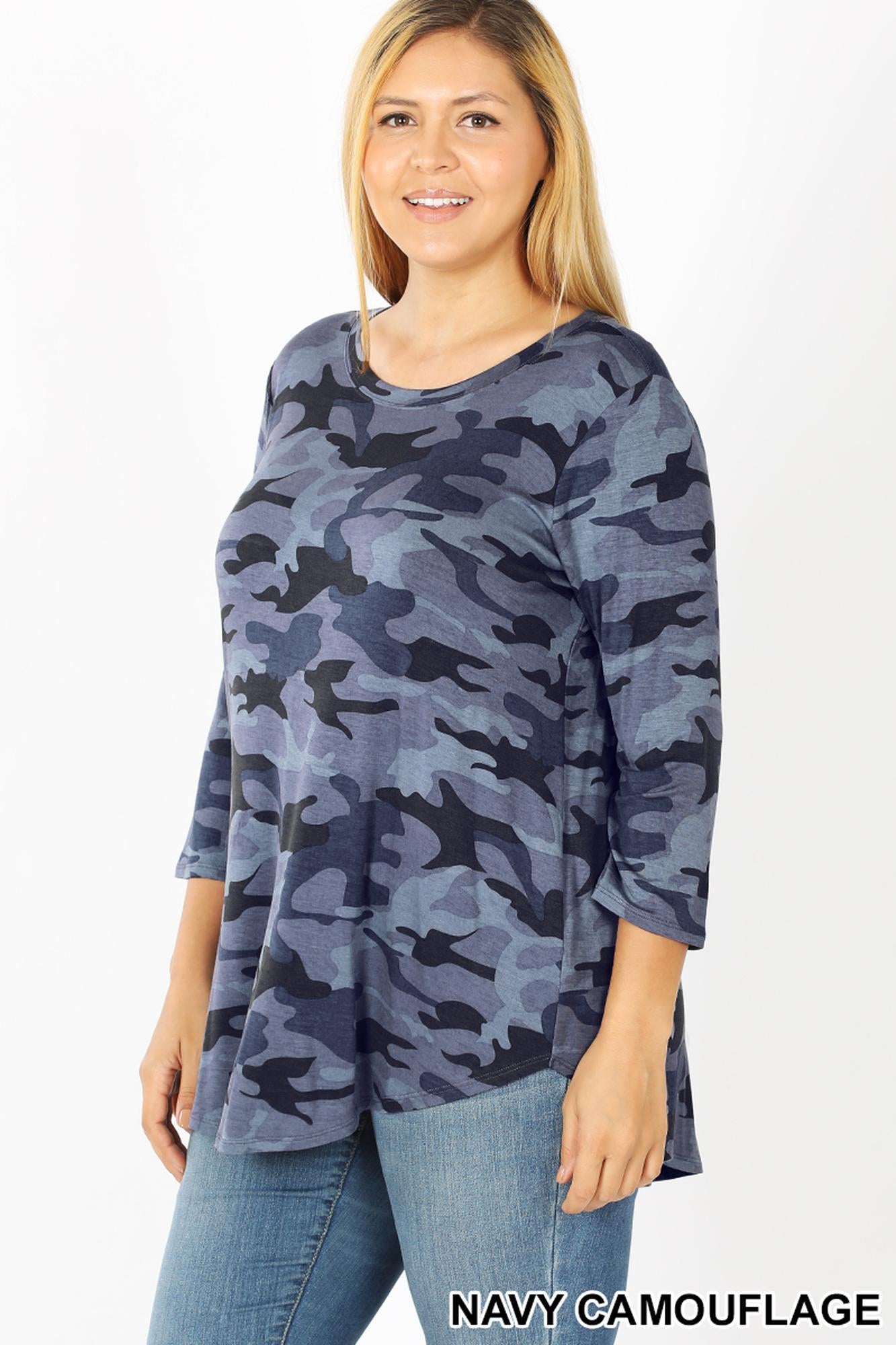 Rayon Camouflage 3/4 Sleeve Round Neck & Hem Top