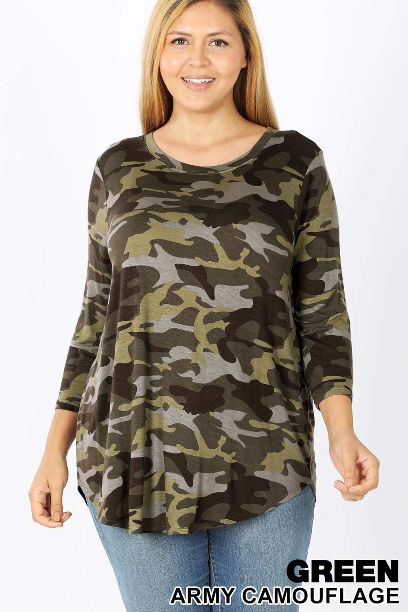 Rayon Camouflage 3/4 Sleeve Round Neck & Hem Top