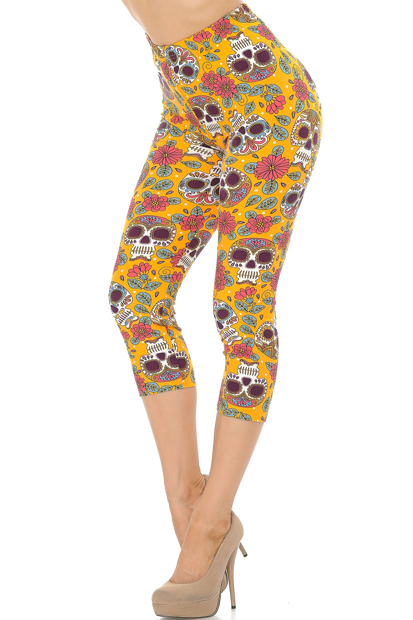 Buttery Soft Mustard Summer Sugar Skull Capris (One Size Regular,Yellow)