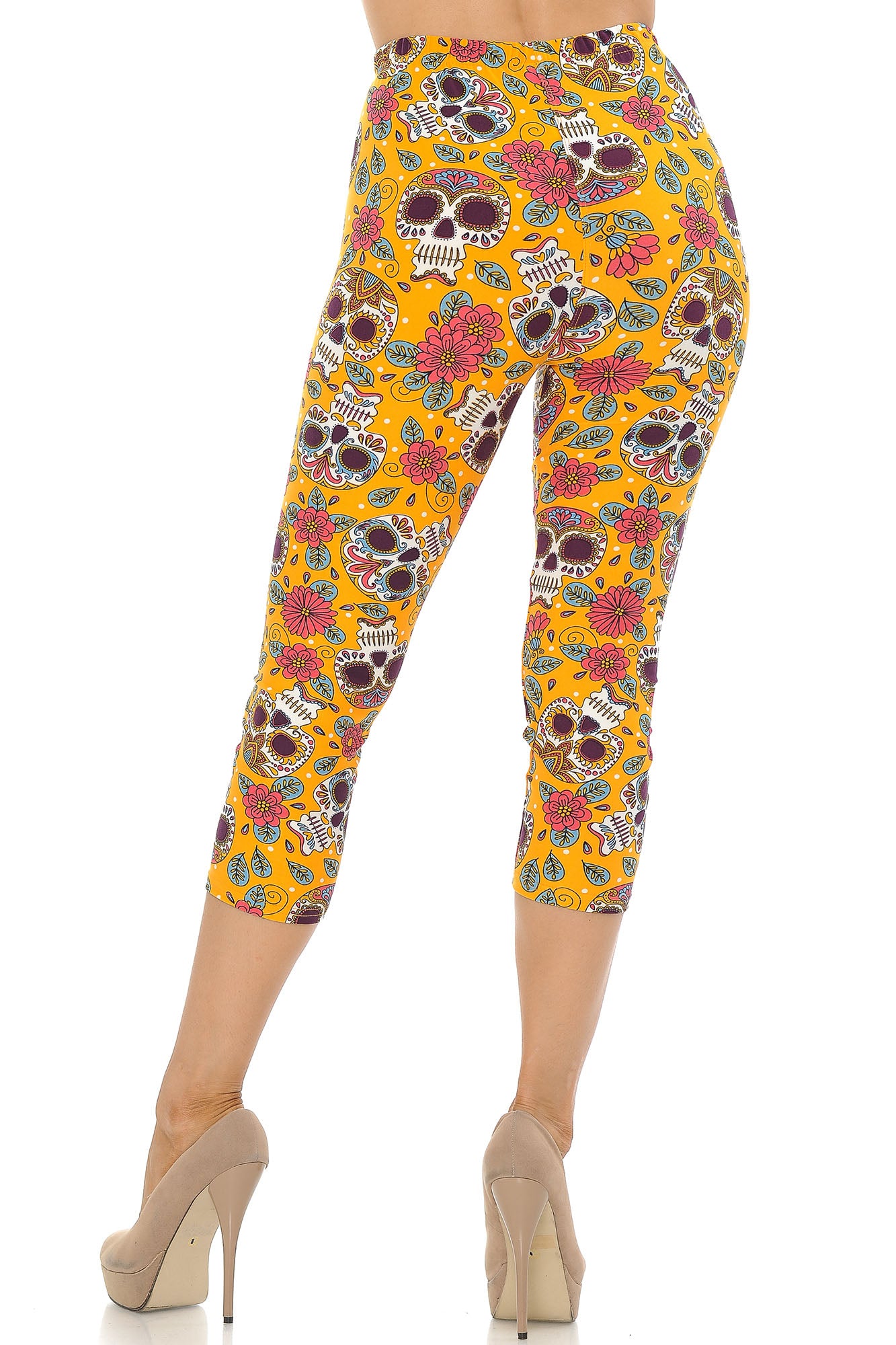 Buttery Soft Mustard Summer Sugar Skull Capris (One Size Regular,Yellow)