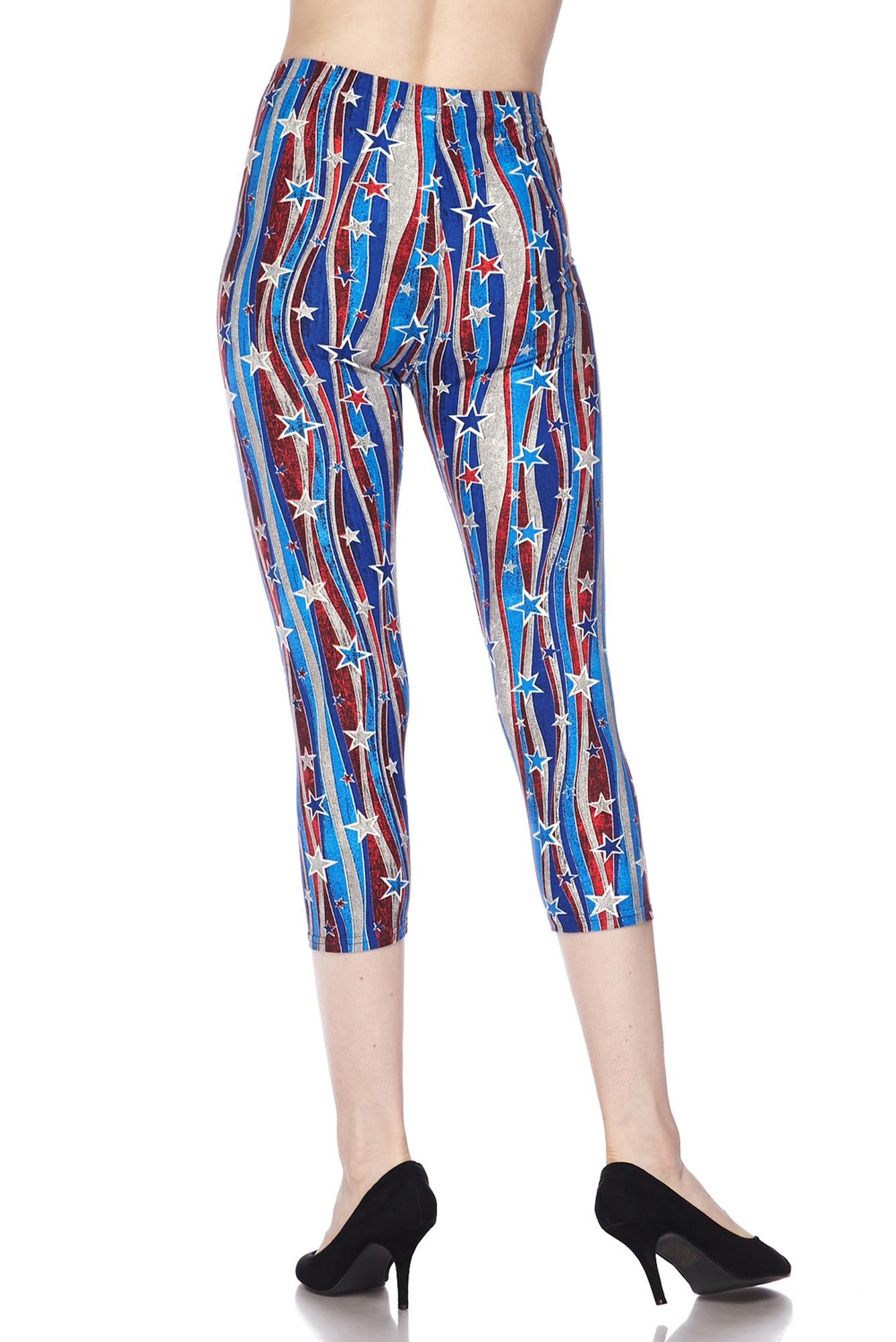 Buttery Soft Metallic USA Flag Capris (One Size Regular,Blue)