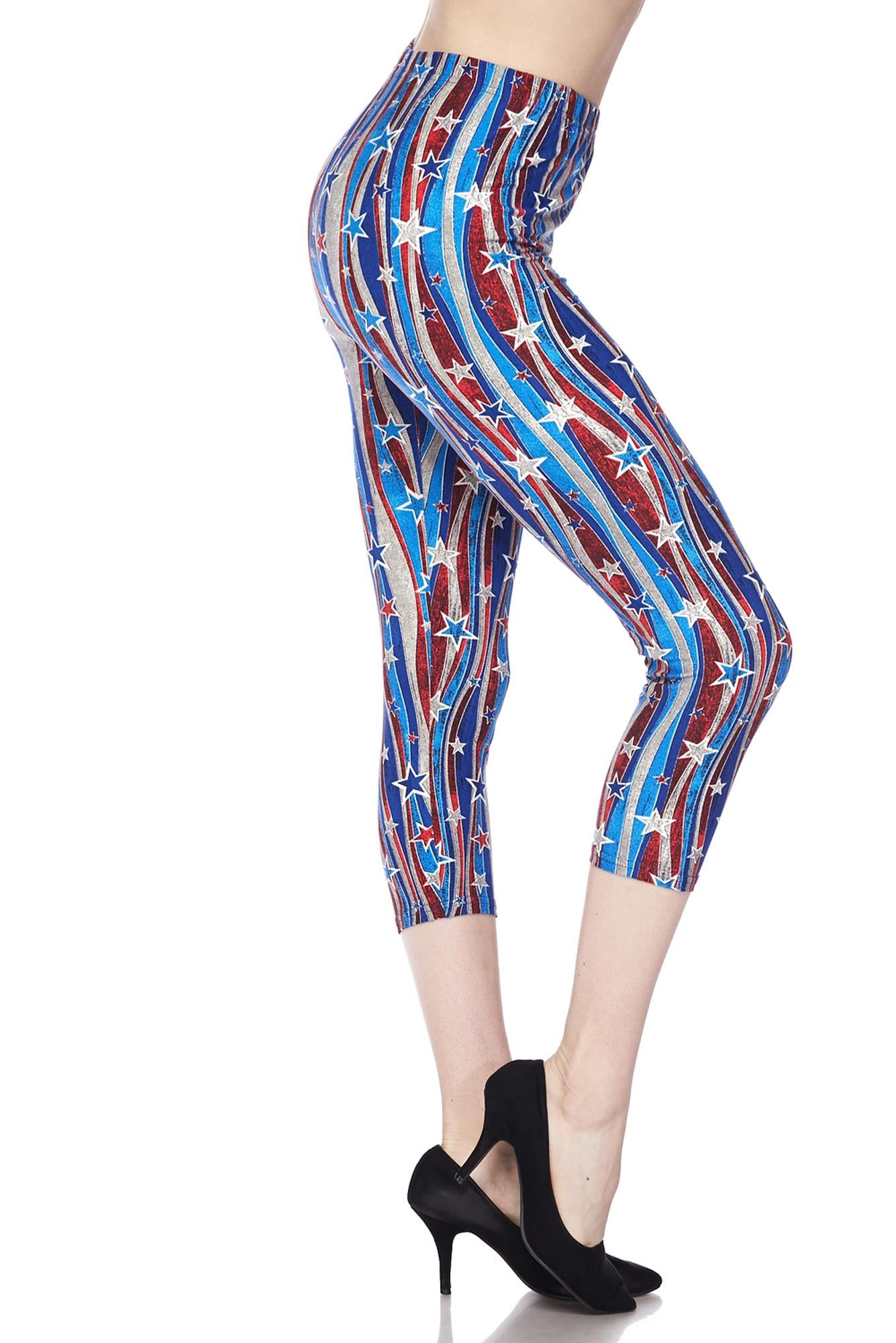 Buttery Soft Metallic USA Flag Capris (One Size Regular,Blue)