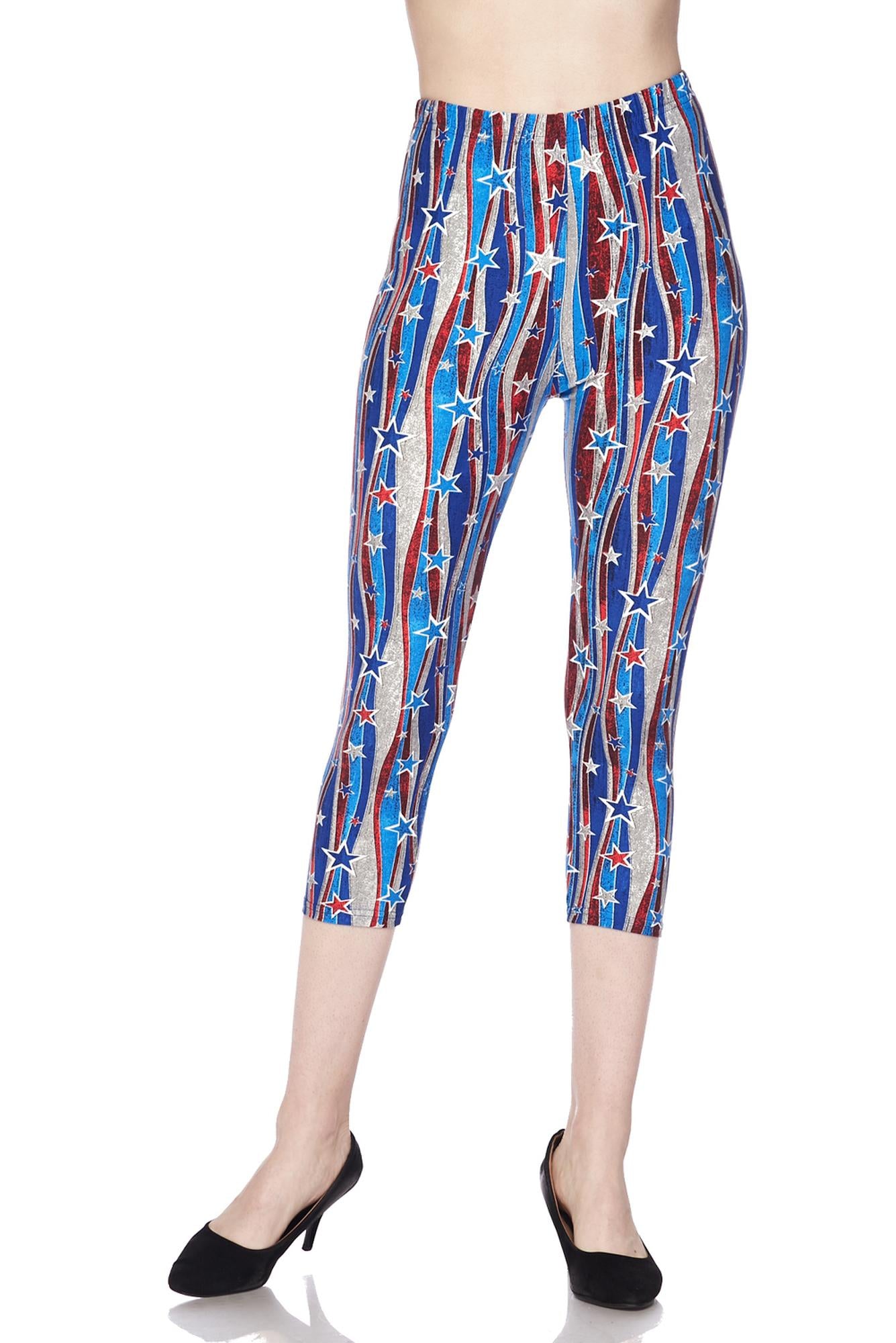 Buttery Soft Metallic USA Flag Capris (One Size Regular,Blue)