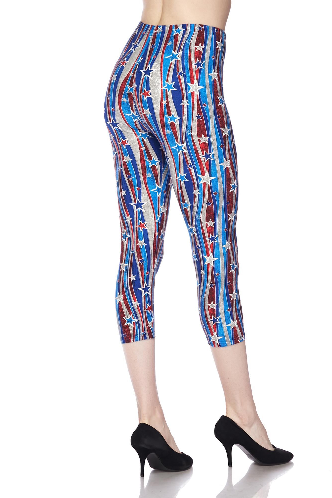 Buttery Soft Metallic USA Flag Capris (One Size Regular,Blue)