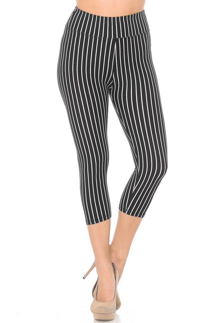 Buttery Soft Pinstripe High Waisted Capris - 3 Inches (One Size Regular,Black)