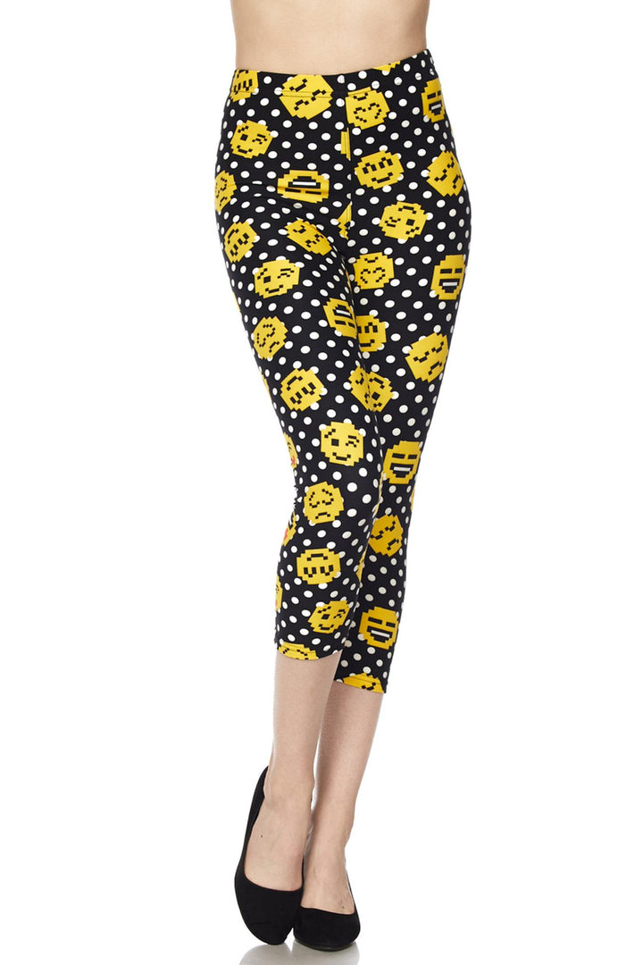 Buttery Soft Retro Pixel Arcade Emoji Capris (One Size Regular,Yellow)