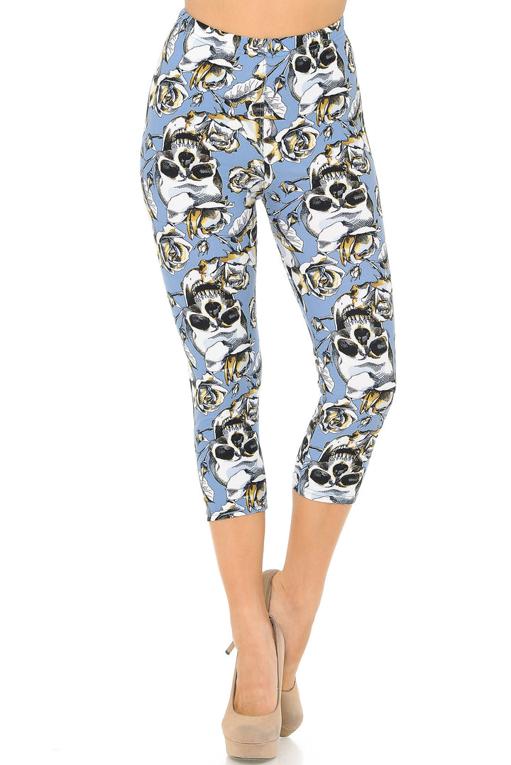 Buttery Soft Charcoal Rose Sugar Skull Capris (One Size Regular,Charcoal)