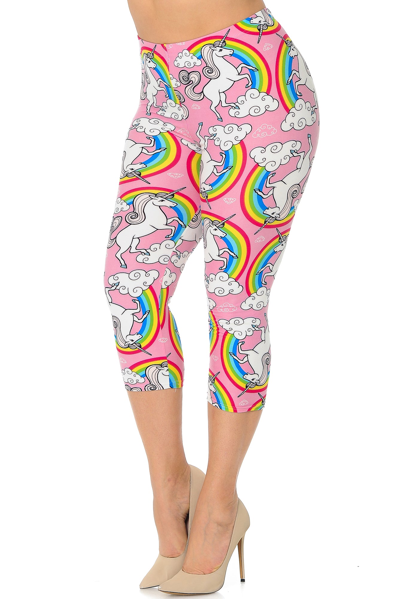 Buttery Soft Pink Rainbow Unicorn Plus Size Capris (One Size Plus,Pink)