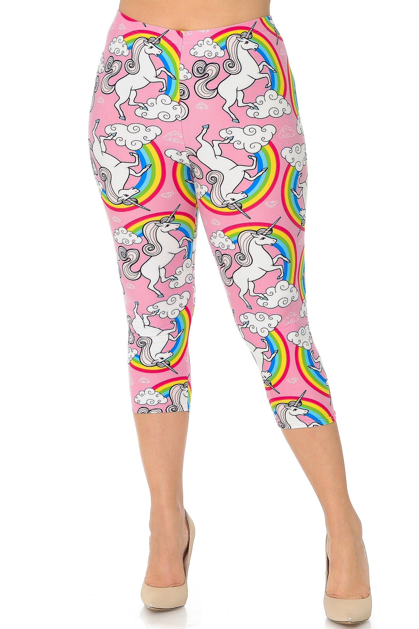 Buttery Soft Pink Rainbow Unicorn Plus Size Capris (One Size Plus,Pink)