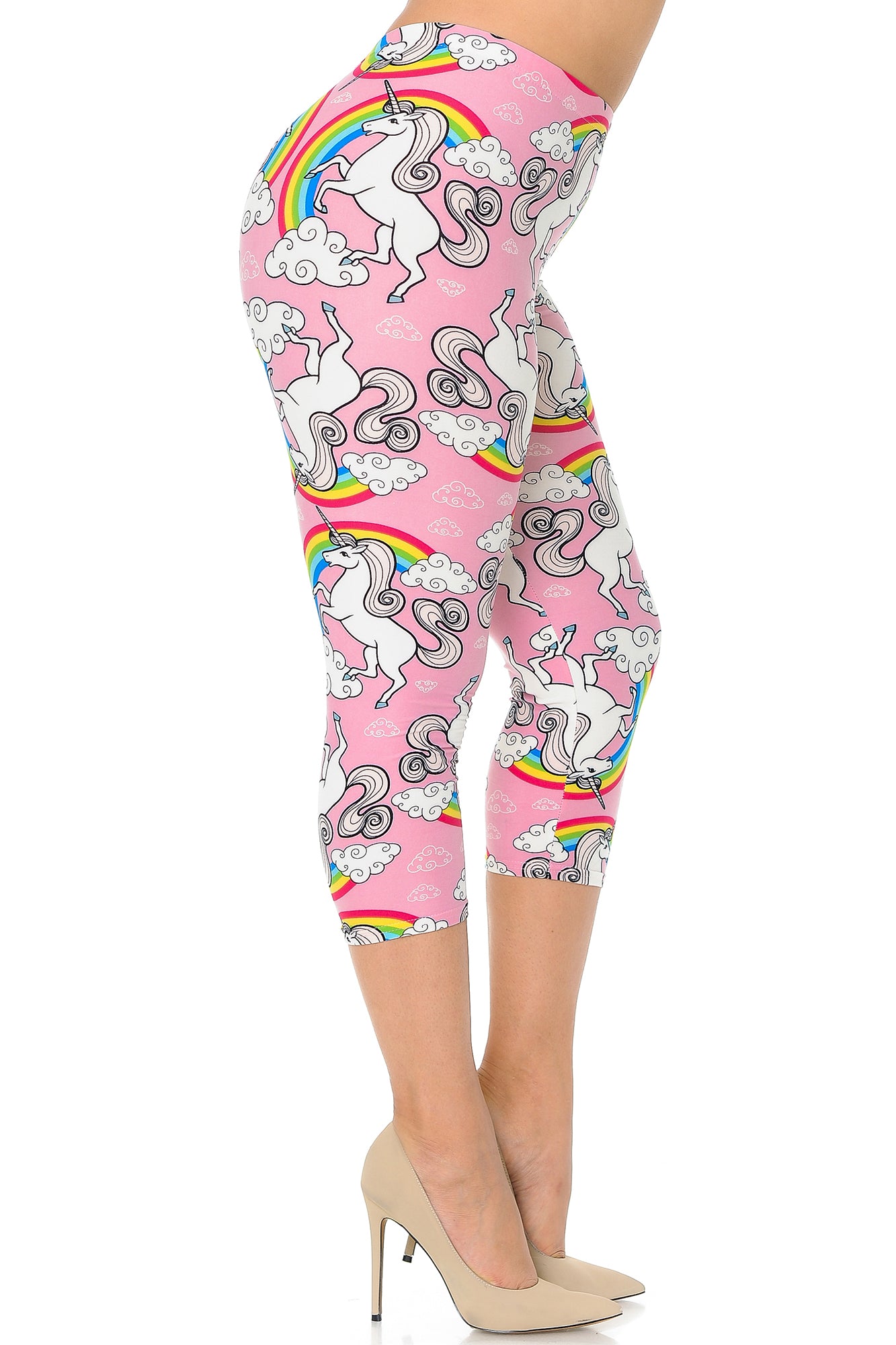 Buttery Soft Pink Rainbow Unicorn Plus Size Capris (One Size Plus,Pink)