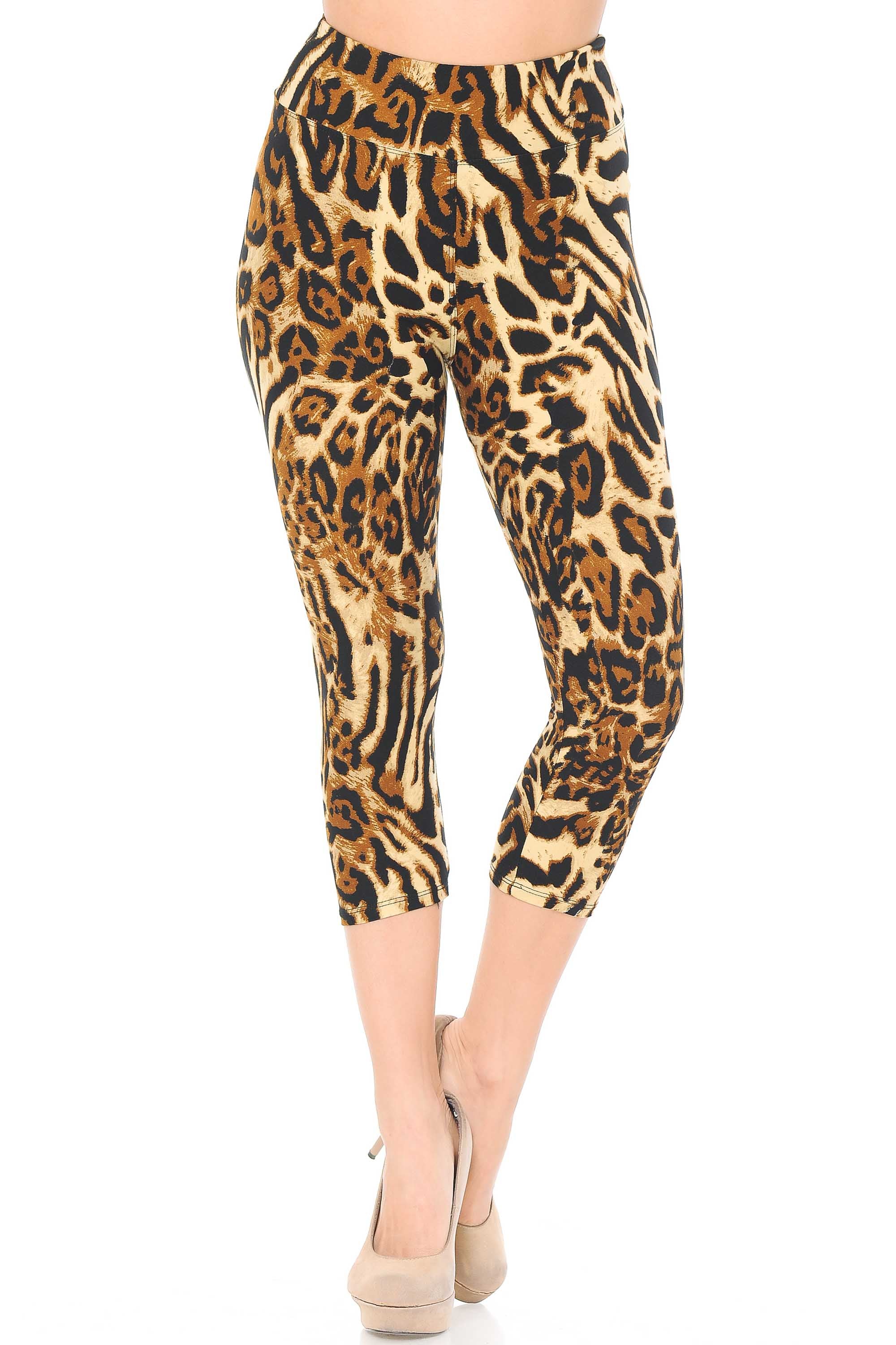 Buttery Soft Predator Leopard High Waisted Capris - 3 Inches (One Size Regular,Brown)