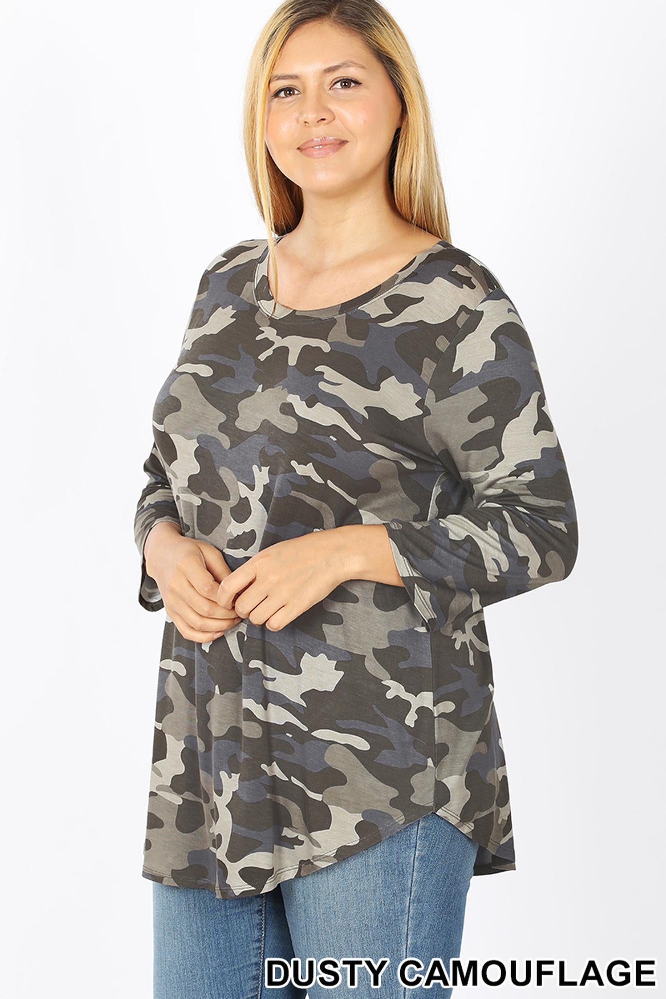 Rayon Camouflage 3/4 Sleeve Round Neck & Hem Top