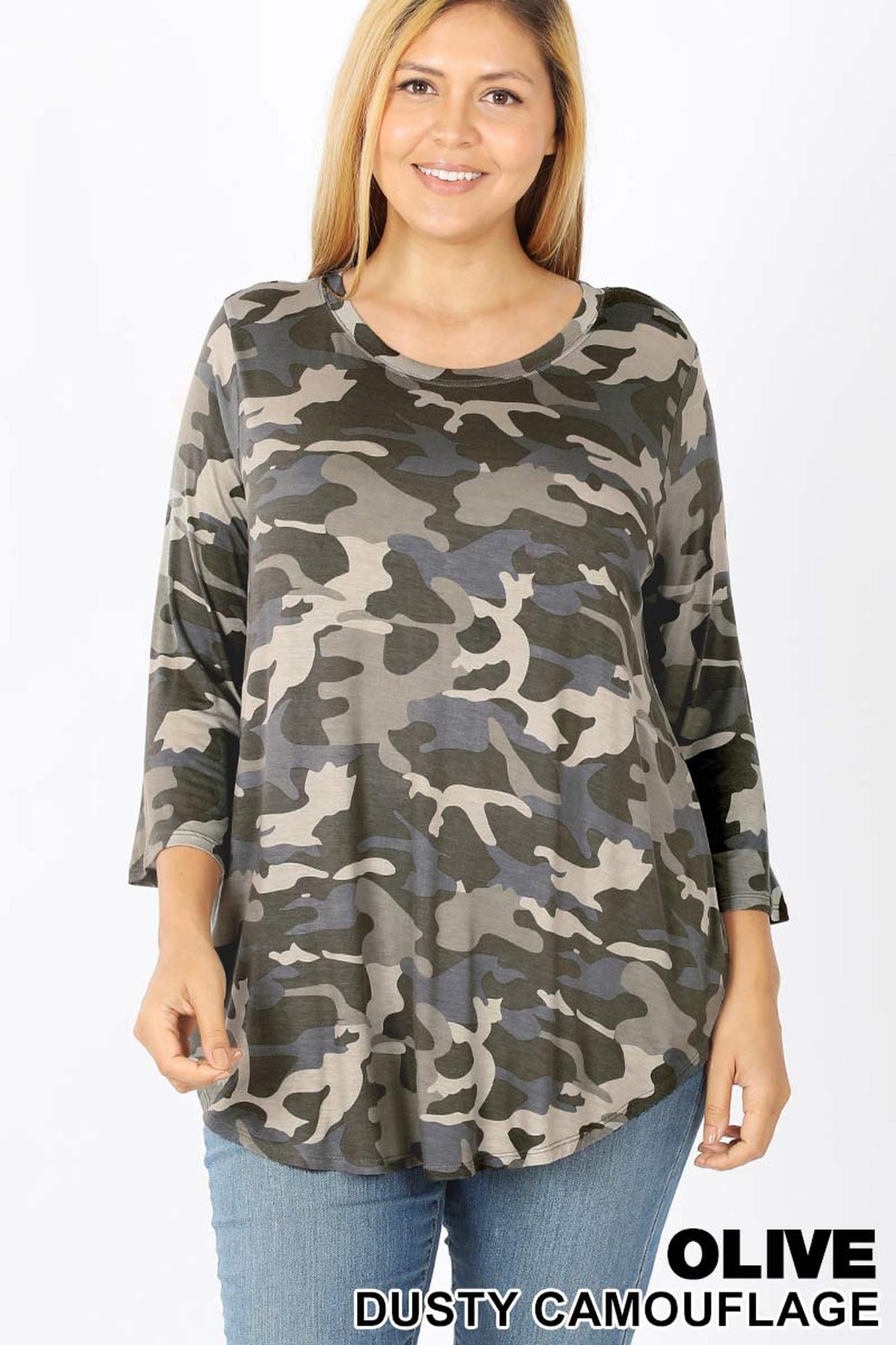 Rayon Camouflage 3/4 Sleeve Round Neck & Hem Top