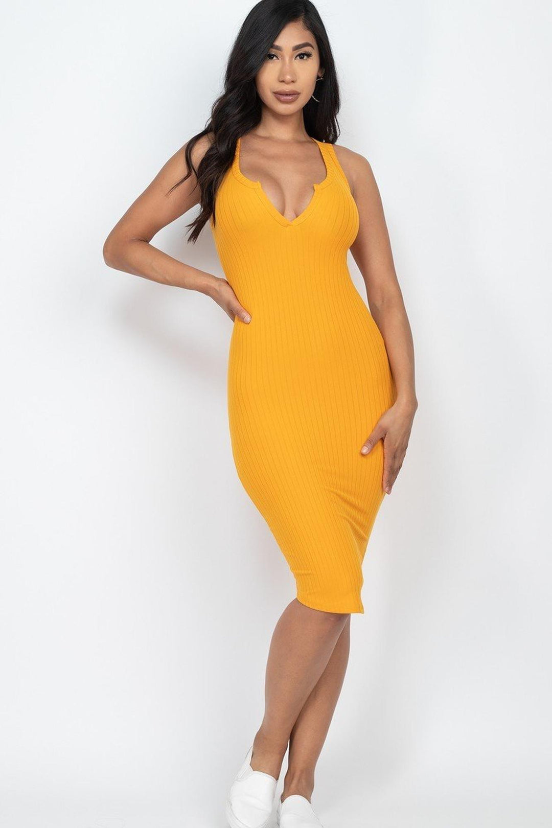 floating v neck rib dress ANDREADAMO Ribbed Knit Midi Dress With Floating Details