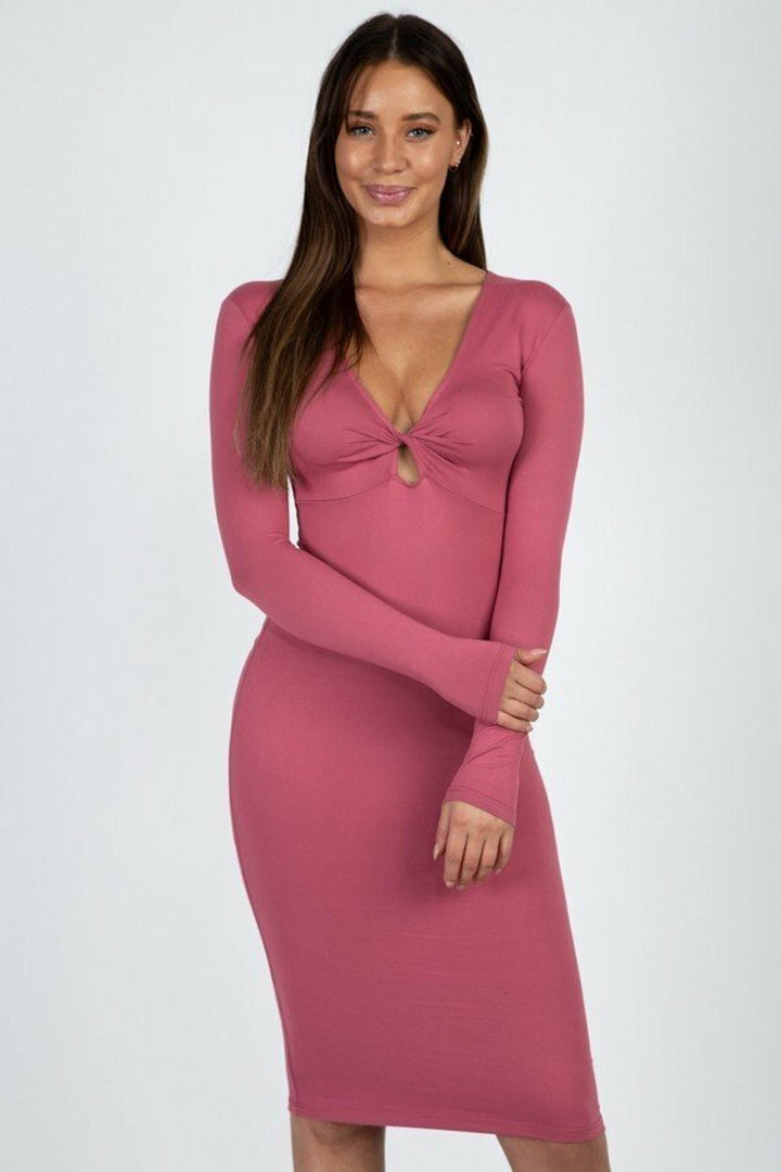V-Neck Keyhole Twist Front Long Sleeve Bodycon Midi Dress