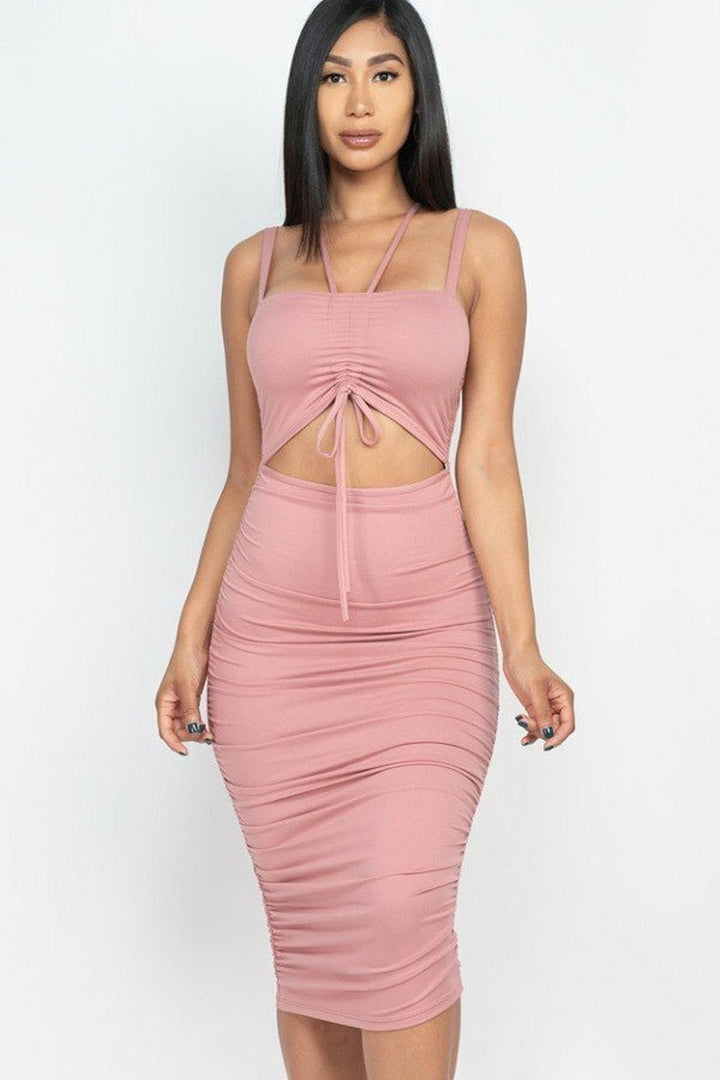 Ruched Drawstring Front Cut Out Double Strap Bodycon Midi Dress