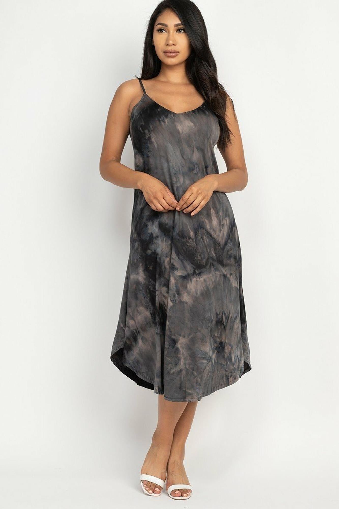 Acid Wash Tie Dye Spaghetti Strap V-Neck Midi Dress