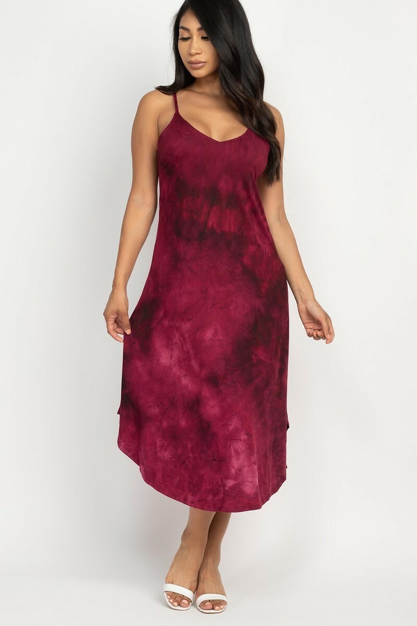 Acid Wash Tie Dye Spaghetti Strap V-Neck Midi Dress