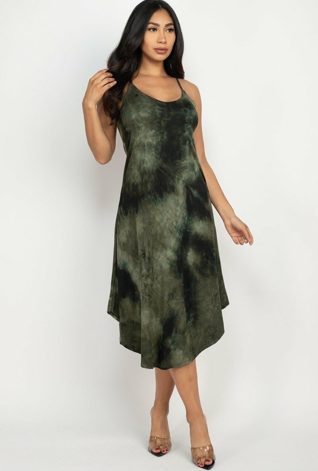 Acid Wash Tie Dye Spaghetti Strap V-Neck Midi Dress