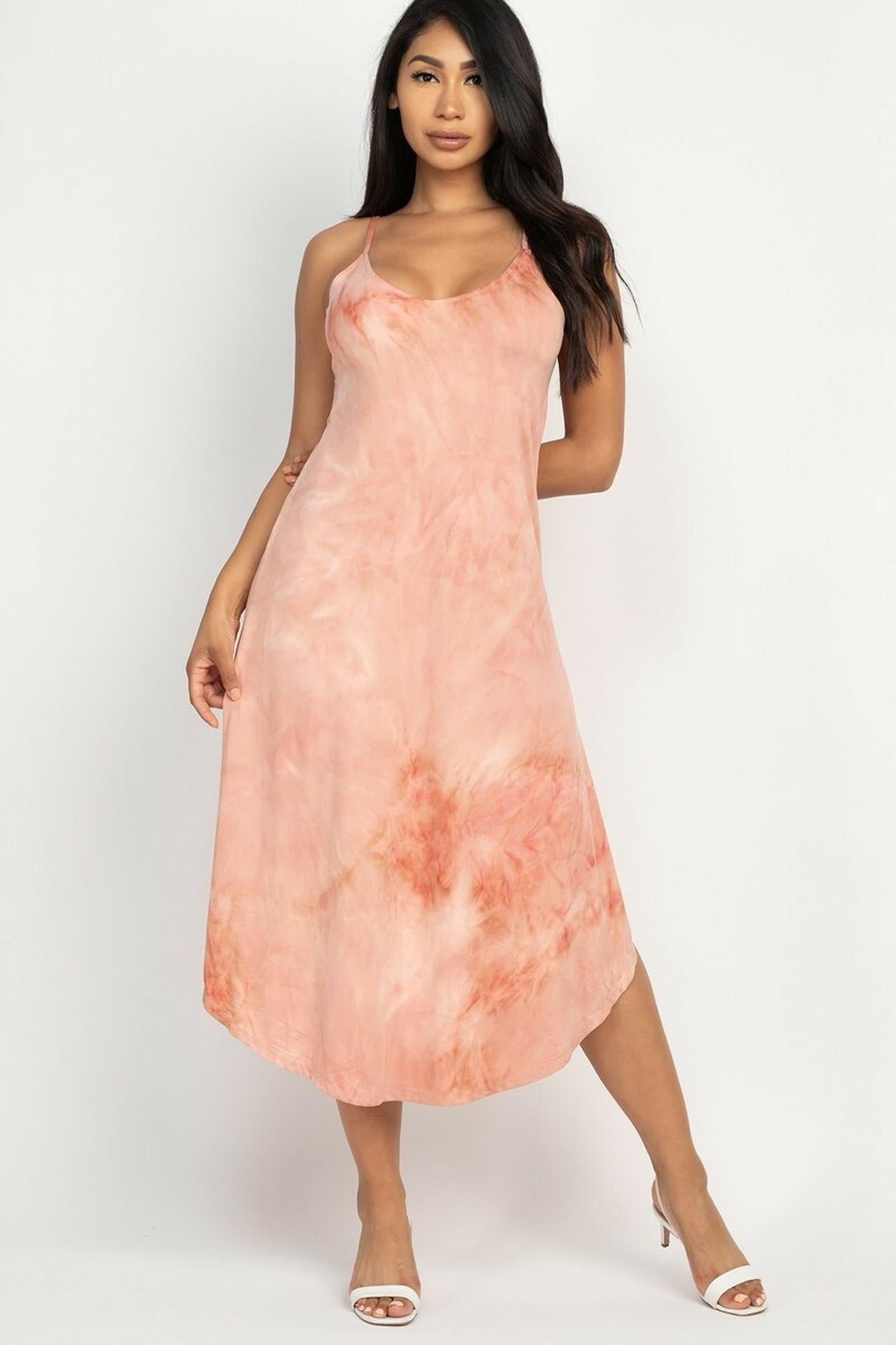 Acid Wash Tie Dye Spaghetti Strap V-Neck Midi Dress