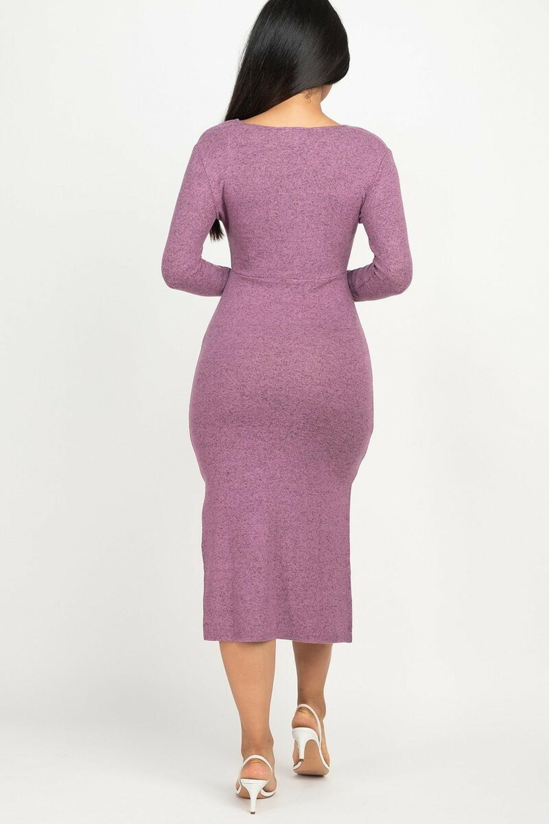 Long Sleeve V-Neck Brushed Knit Double Side Slit Midi Dress