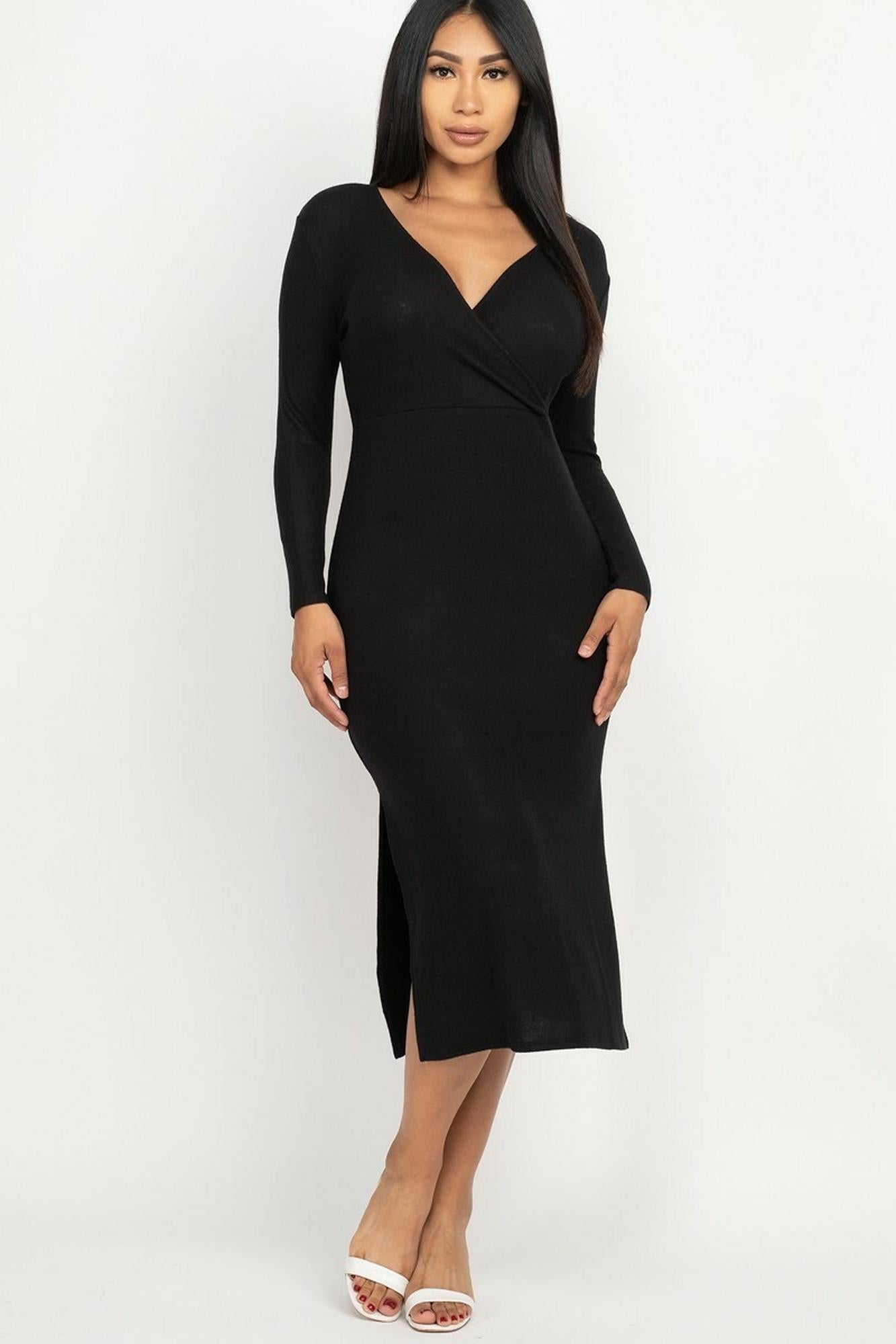 Long Sleeve V-Neck Brushed Knit Double Side Slit Midi Dress