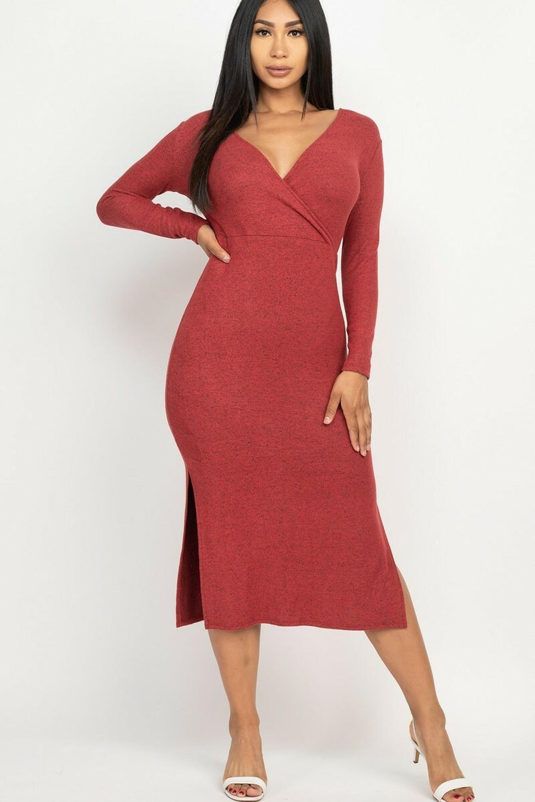 Long Sleeve V-Neck Brushed Knit Double Side Slit Midi Dress