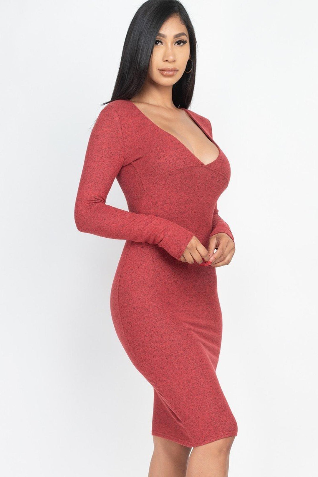 knee length dresses for ladies Long Sleeve Brushed Knit Deep V-Neck Midi Dress