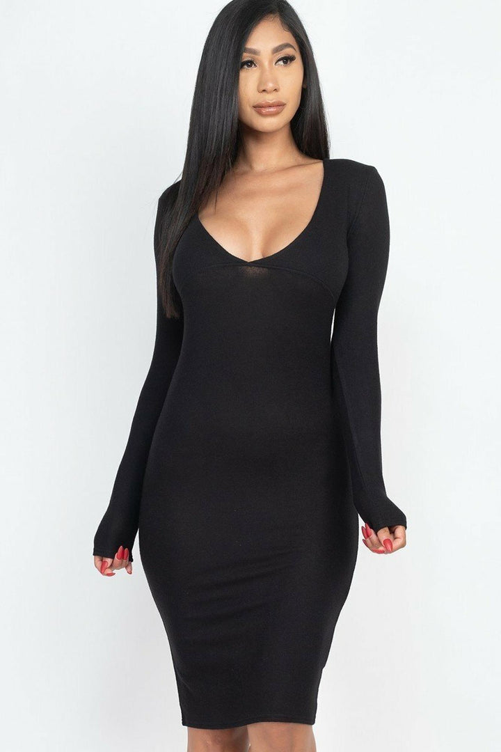 Long Sleeve Brushed Knit Deep V-Neck Midi Dress